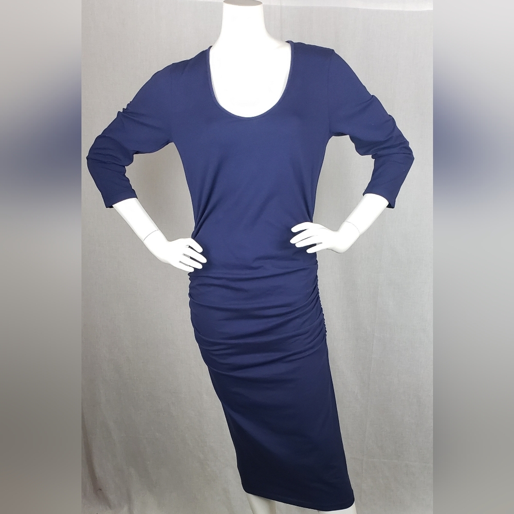 Michael Stars Dress M Navy Blue Ruched Midi USA 100% Cotton Casual Work Sexy‎